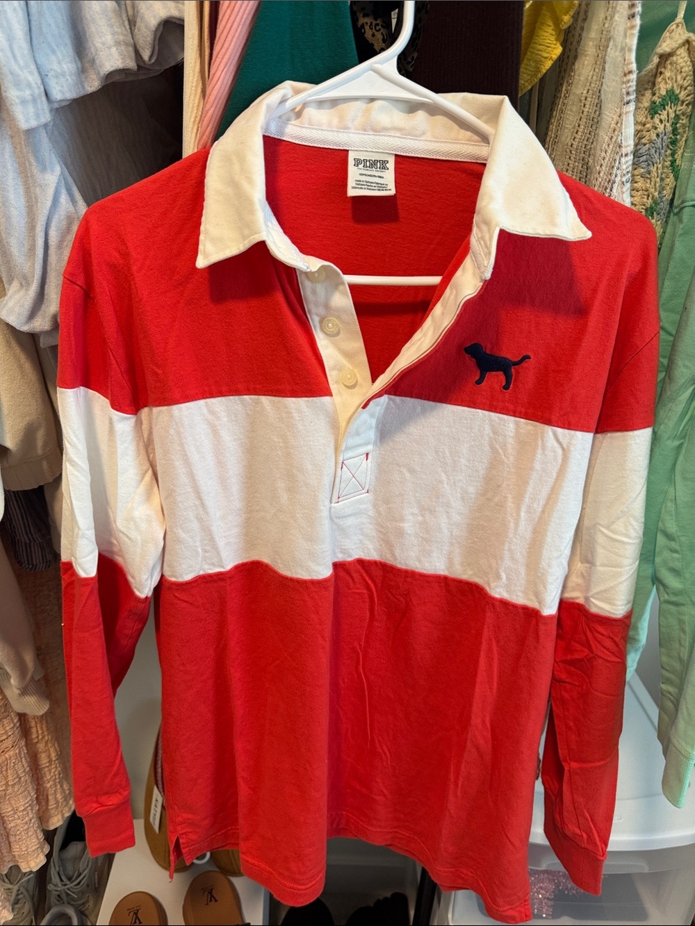 PINK Victoria's Secret Women’s Coral and White Rugby Shirt